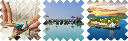 A collage of three images: hands knitting with colorful yarn and wooden needles, a luxury outdoor swimming pool at a resort with lounge chairs, and white historical buildings of the Textile Industry Museum at the waterfront in Salhus, Norway.